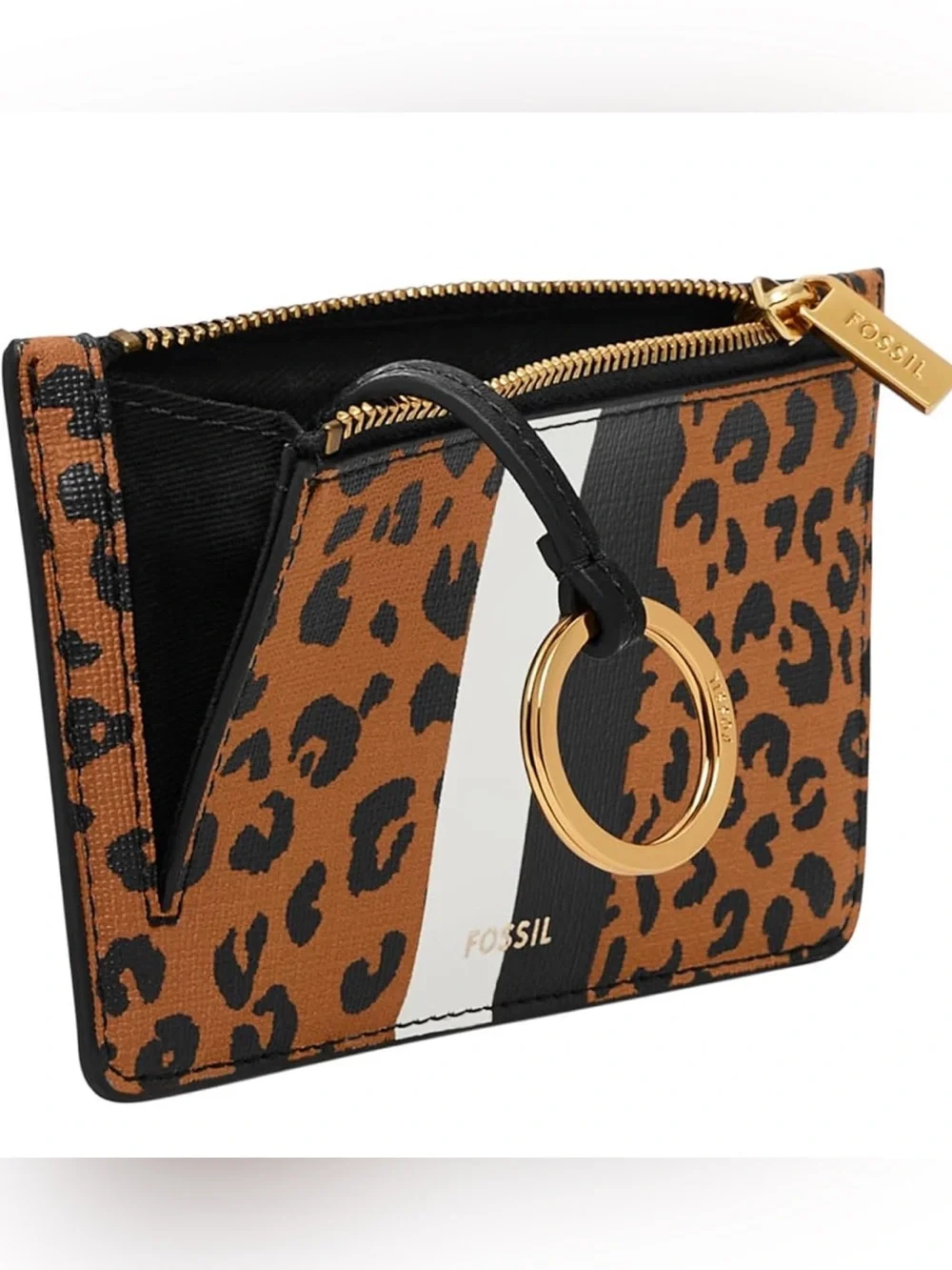 Fossil Leopard Black White Stripe Zip Card Holder Gold Keyring